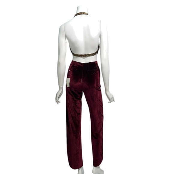 Joyfollie Wine Red Velvet High Rise Pants + Crackled Gold Halter Top Set XS NWT - Picture 9 of 17